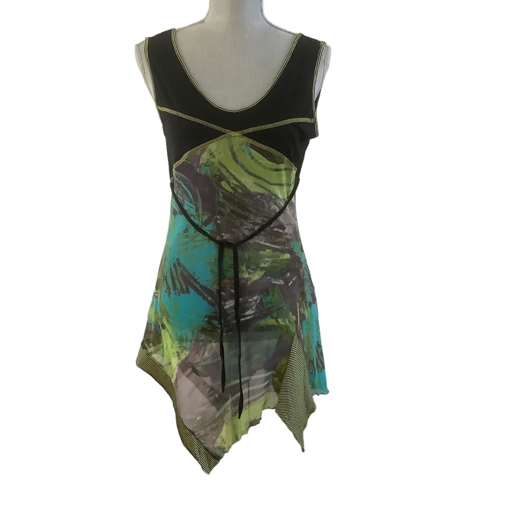 Quinze heures trente Paris hi low sheer fairy dress tunic green black multi Sz 2